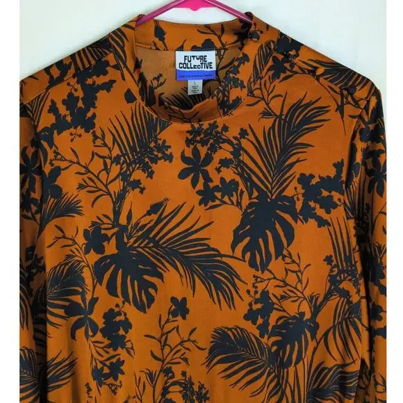 Future Collective Kahlana Barfieild Brown floral satin asymmetrical dress Large - Picture 5 of 9